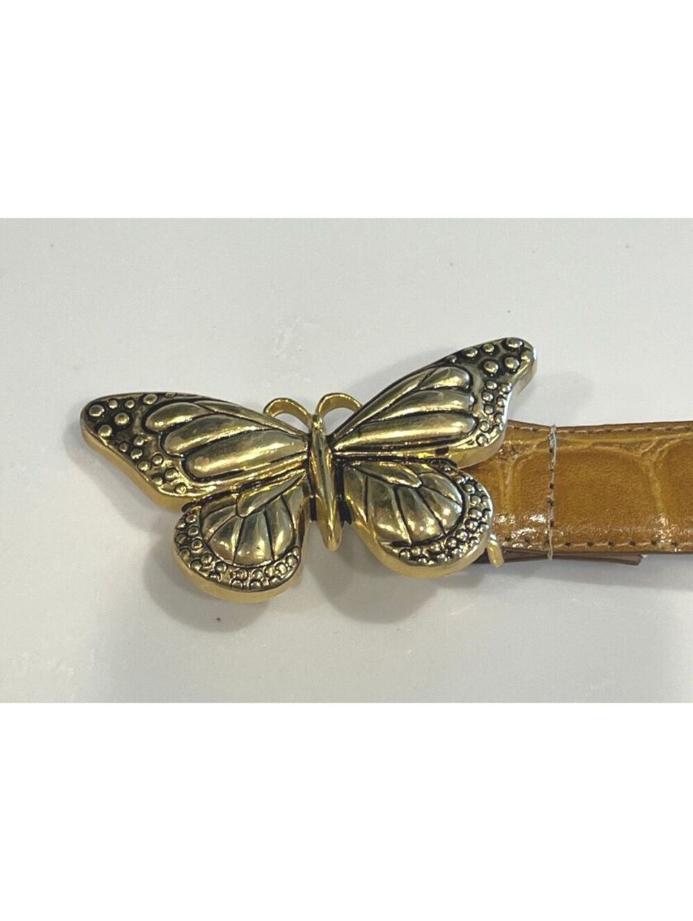 Vintage Women’s Brown/ Tan Leather Belt with Gold-Tone Butterfly Buckle